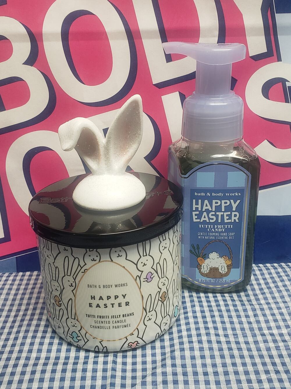 BBW Happy Easter Tutti Frutti Candy Foaming Hand Soap 3 Wick Candle & Accessory